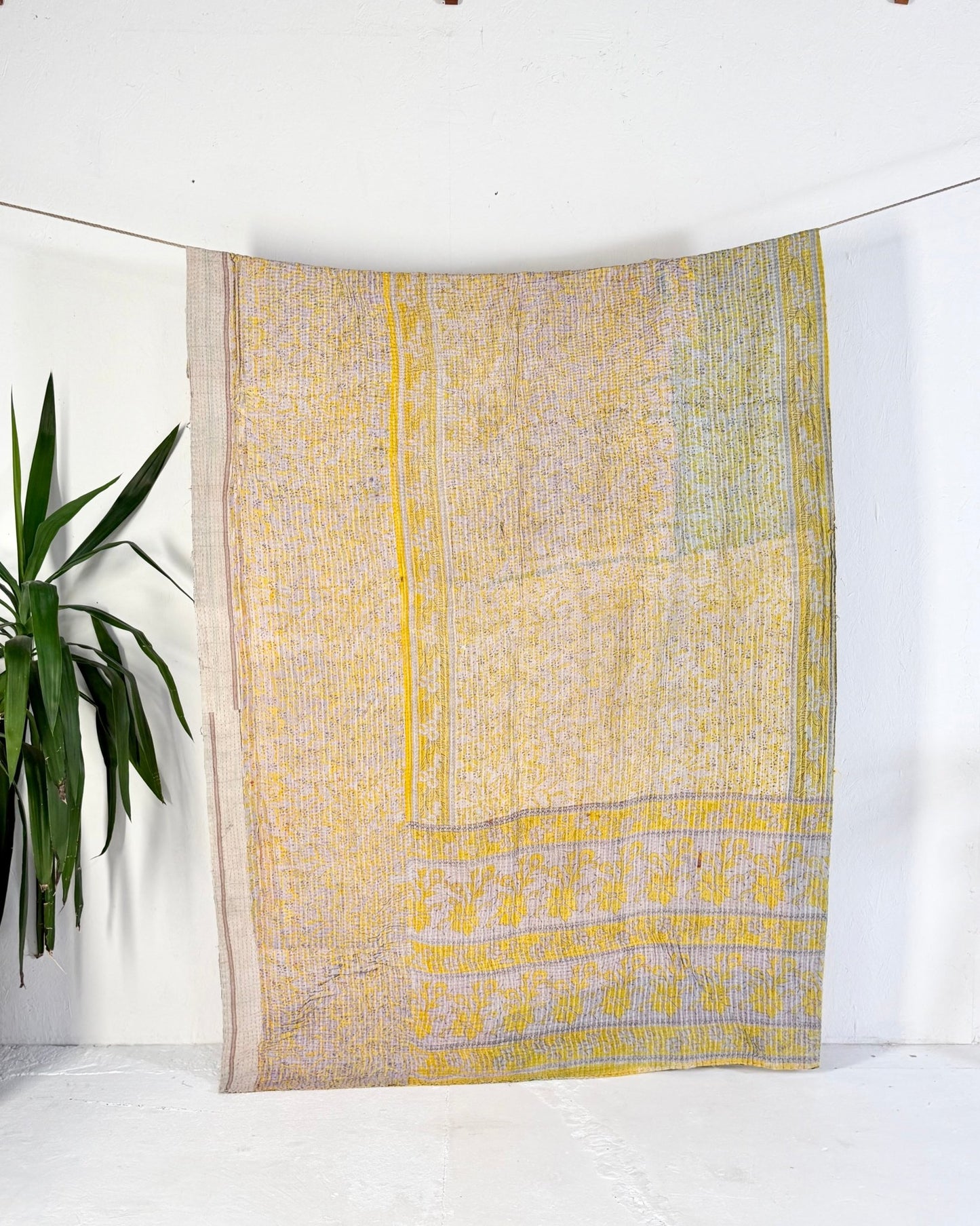 Large Textured Vintage Kantha Quilt In Geometric Peach and Black - Biggs & Hill