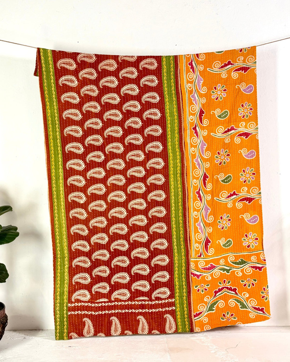 Vintage Cotton Kantha Quilt In Orange, Terracotta and Green 09 - Biggs & Hill
