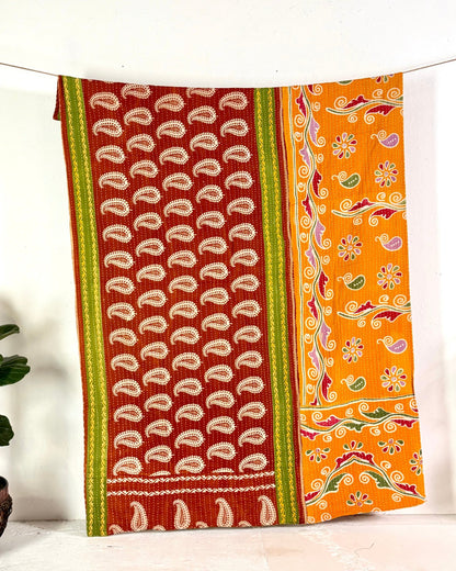 Vintage Cotton Kantha Quilt In Orange, Terracotta and Green 09 - Biggs & Hill