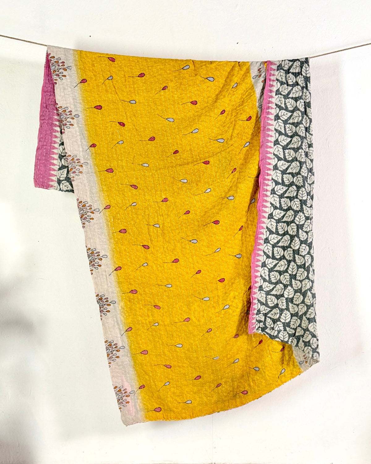 Vintage Cotton Kantha Quilt In Yellow and Pink 10 - Biggs & Hill