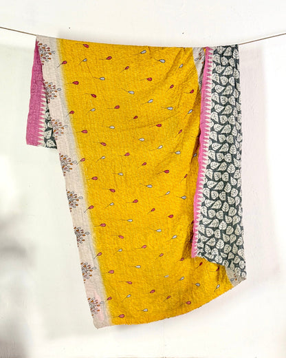 Vintage Cotton Kantha Quilt In Yellow and Pink 10 - Biggs & Hill