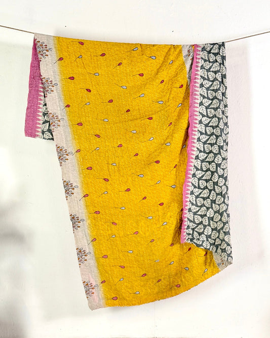 Vintage Cotton Kantha Quilt In Yellow and Pink 10 - Biggs & Hill