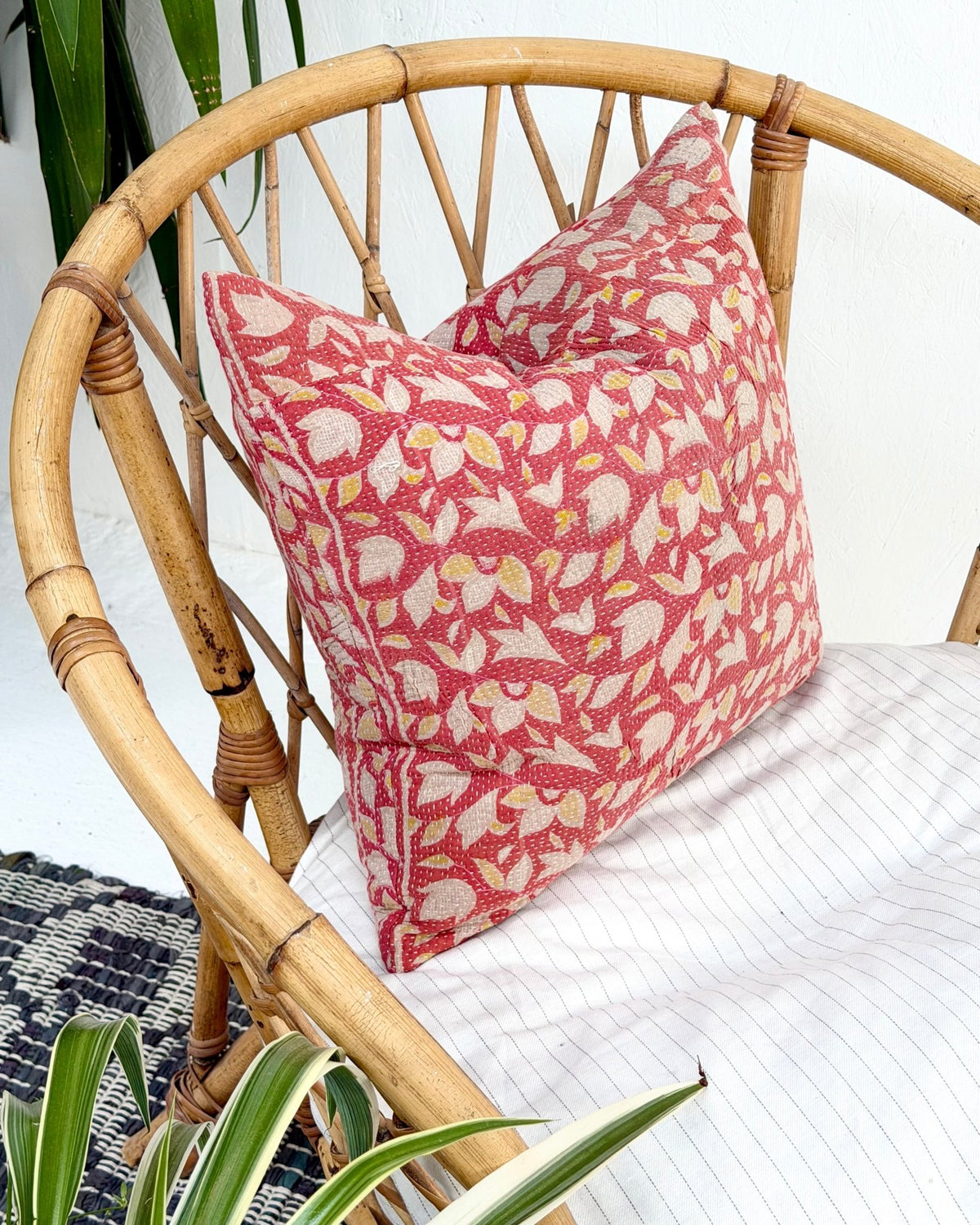 Handmade Vintage Kantha Cushion Cover In Pink Floral - 45cm (18") - Biggs & Hill