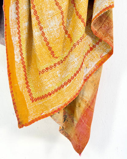 Embroidered Vintage Kantha Quilt in Yellow and Pink - Biggs & Hill