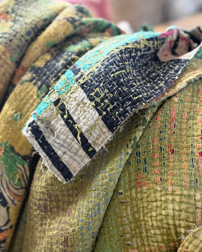 Large Textured Vintage Kantha Quilt In Green and Orange