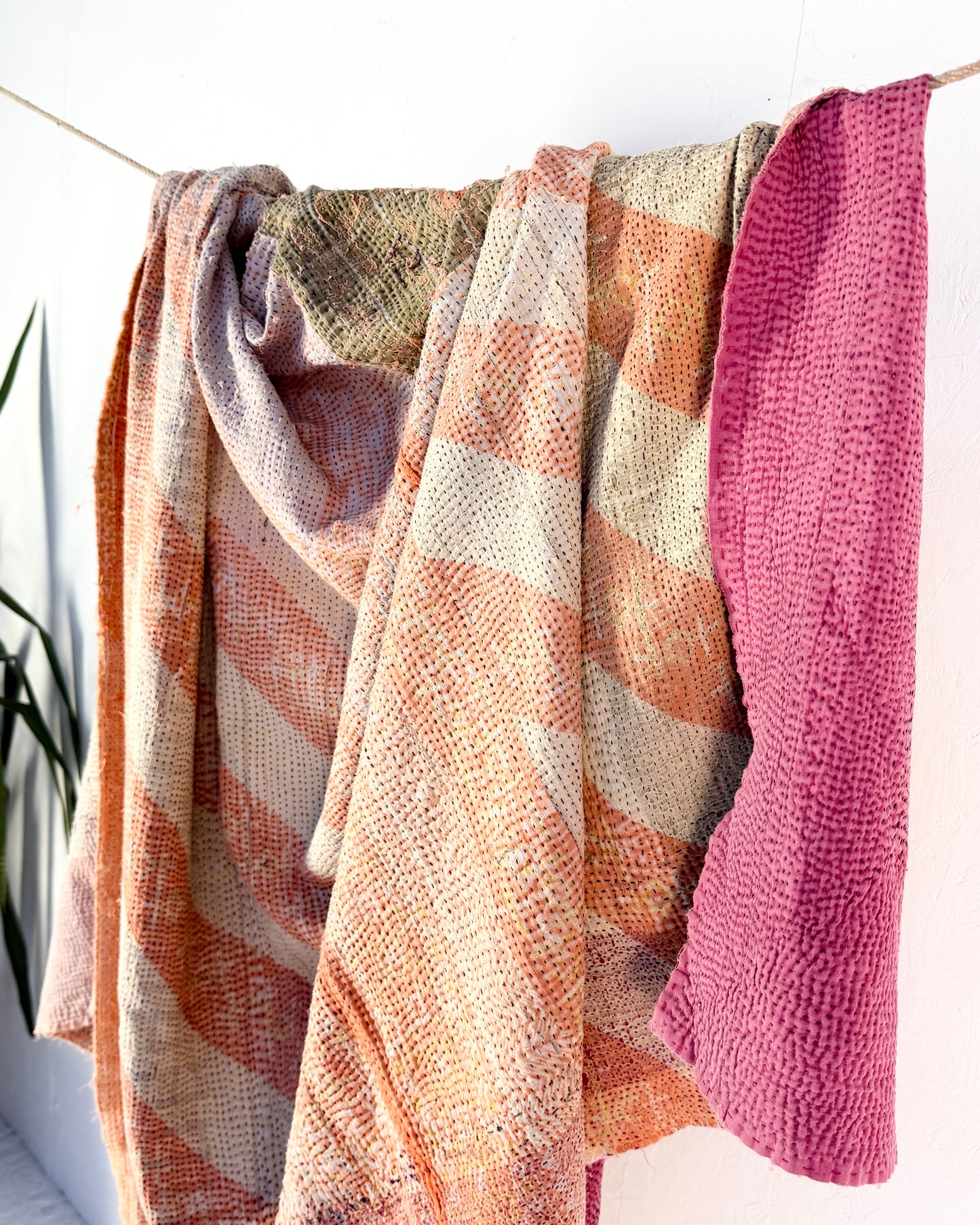 Extra Large Textured Vintage Kantha Quilt in Pink Colour Block and Peachy Pastels