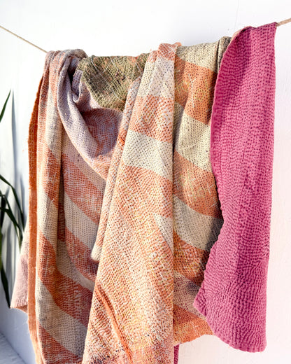 Extra Large Textured Vintage Kantha Quilt in Pink Colour Block and Peachy Pastels