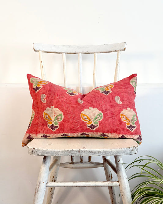 Vintage Kantha Cushion In Pink Floral - Small Rectangular