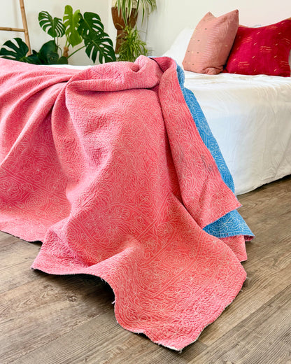 Embroidered Sujini Vintage Kantha Quilt In Faded Pink With Bengali Writing