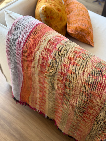 Heavy Kantha Blanket Quilt in Pink and Orange Stripe