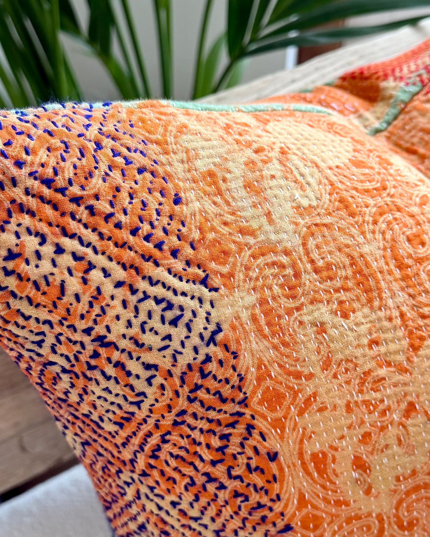 Vintage Kantha Cushion In Floral Orange- 45cm Square
