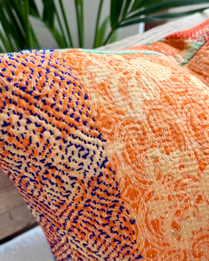 Vintage Kantha Cushion In Floral Orange- 45cm Square