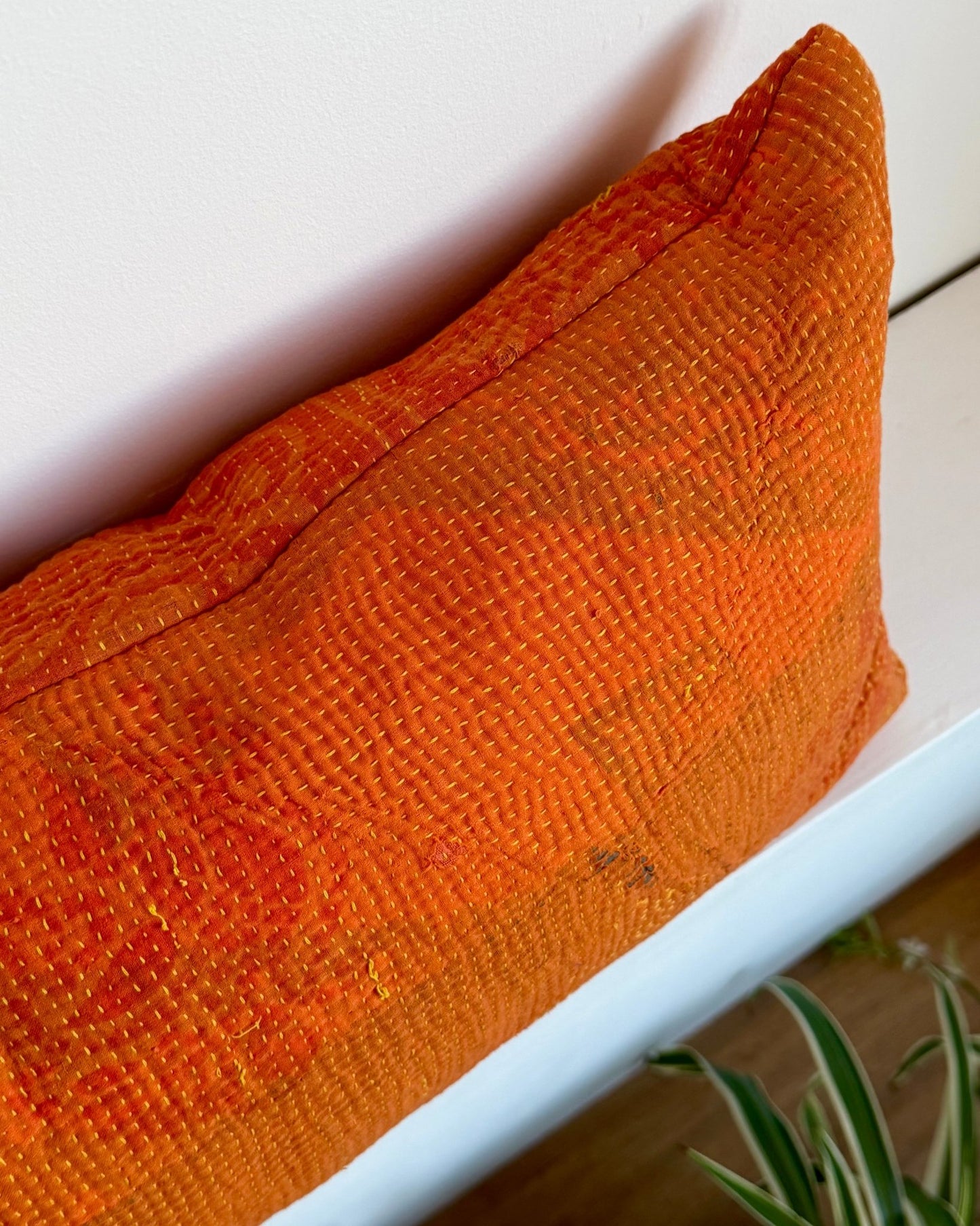 Vintage Kantha Bolster Cushion In Orange 01 - Biggs & Hill