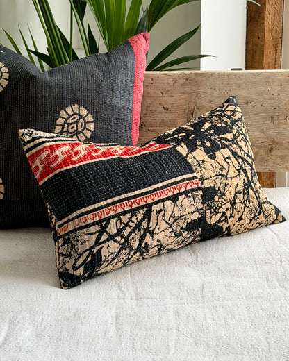 Vintage Kantha Cushion In Black and Red- Small Rectangular