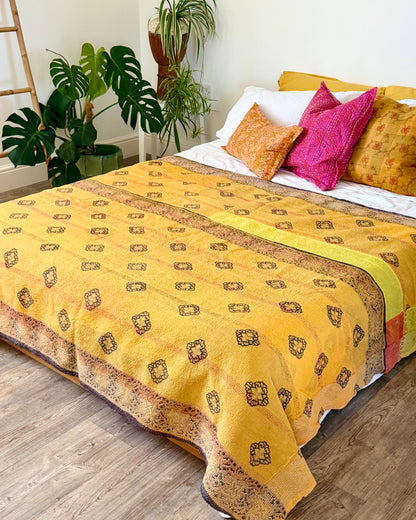 Large Embroidered Vintage Kantha Quilt in Yellow and Orange