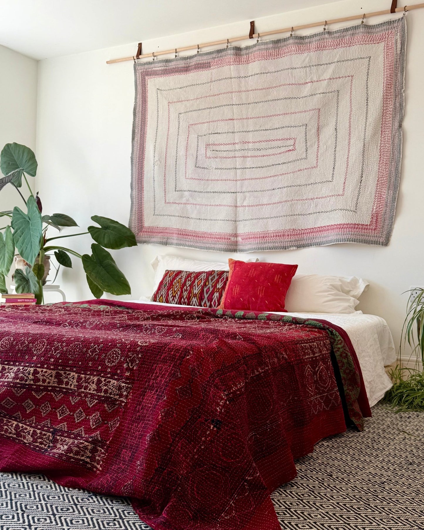 Heavy Fine Stitched Embroidered Vintage Kantha Quilt in White and Pink - Biggs & Hill