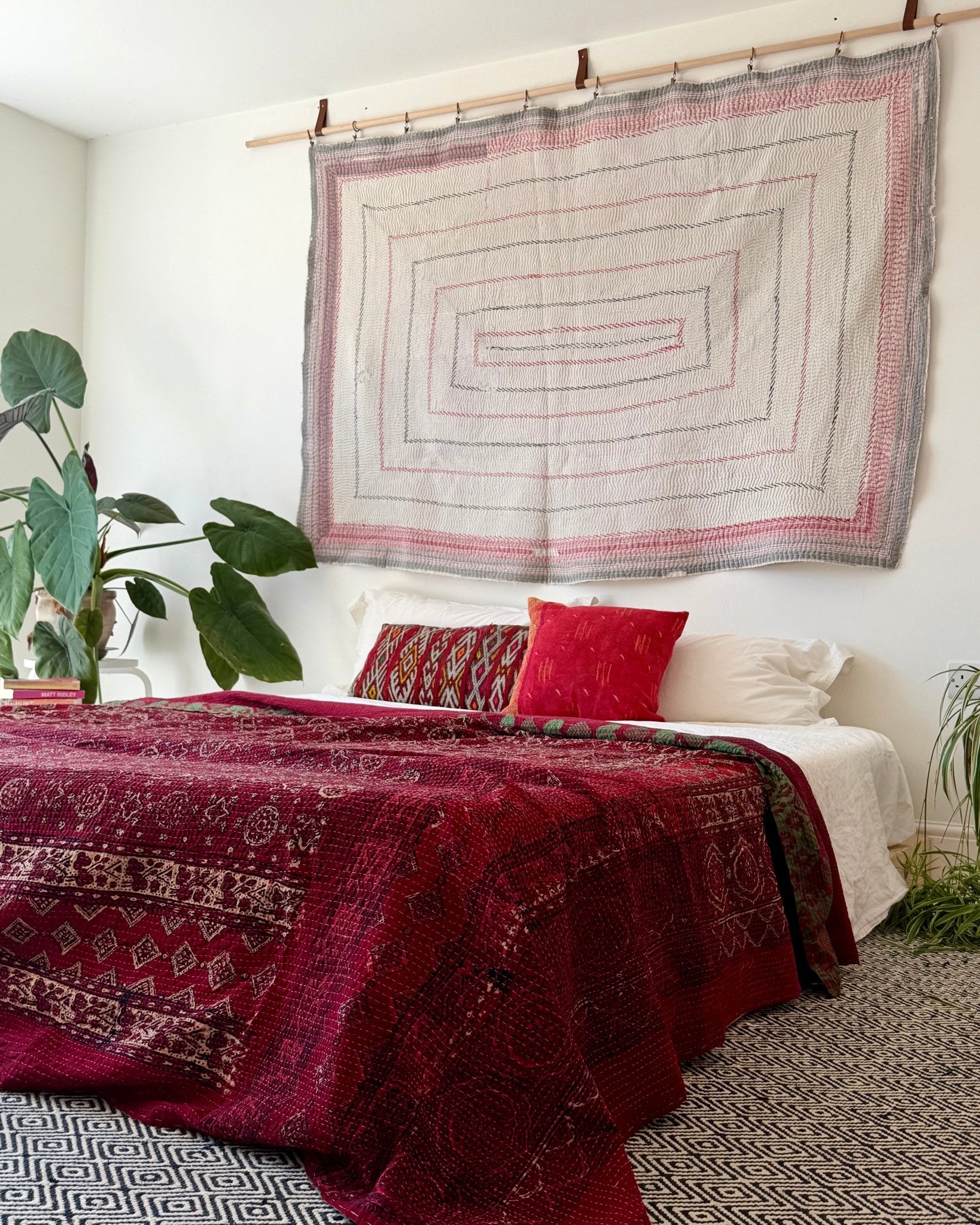 Heavy Fine Stitched Embroidered Vintage Kantha Quilt in White and Pink - Biggs & Hill