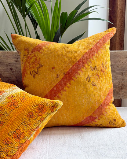 Vintage Kantha Cushion In Yellow and Blue - 45cm Square