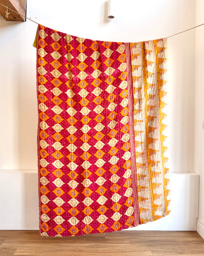 Vintage Cotton Kantha Quilt With Pink And Orange Diamond Pattern #40