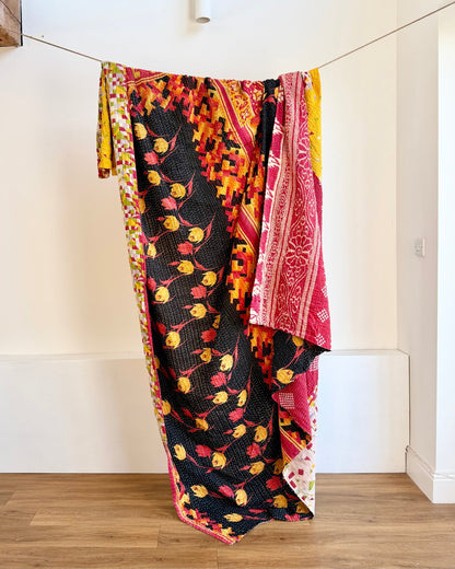 Super King Vintage Kantha Quilt in Orange, Black and Yellow - Biggs & Hill