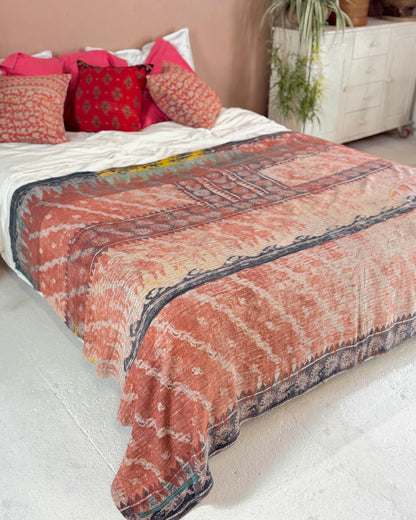 Large Extra Fine Stitched Vintage Kantha Quilt in Pinks and Greys
