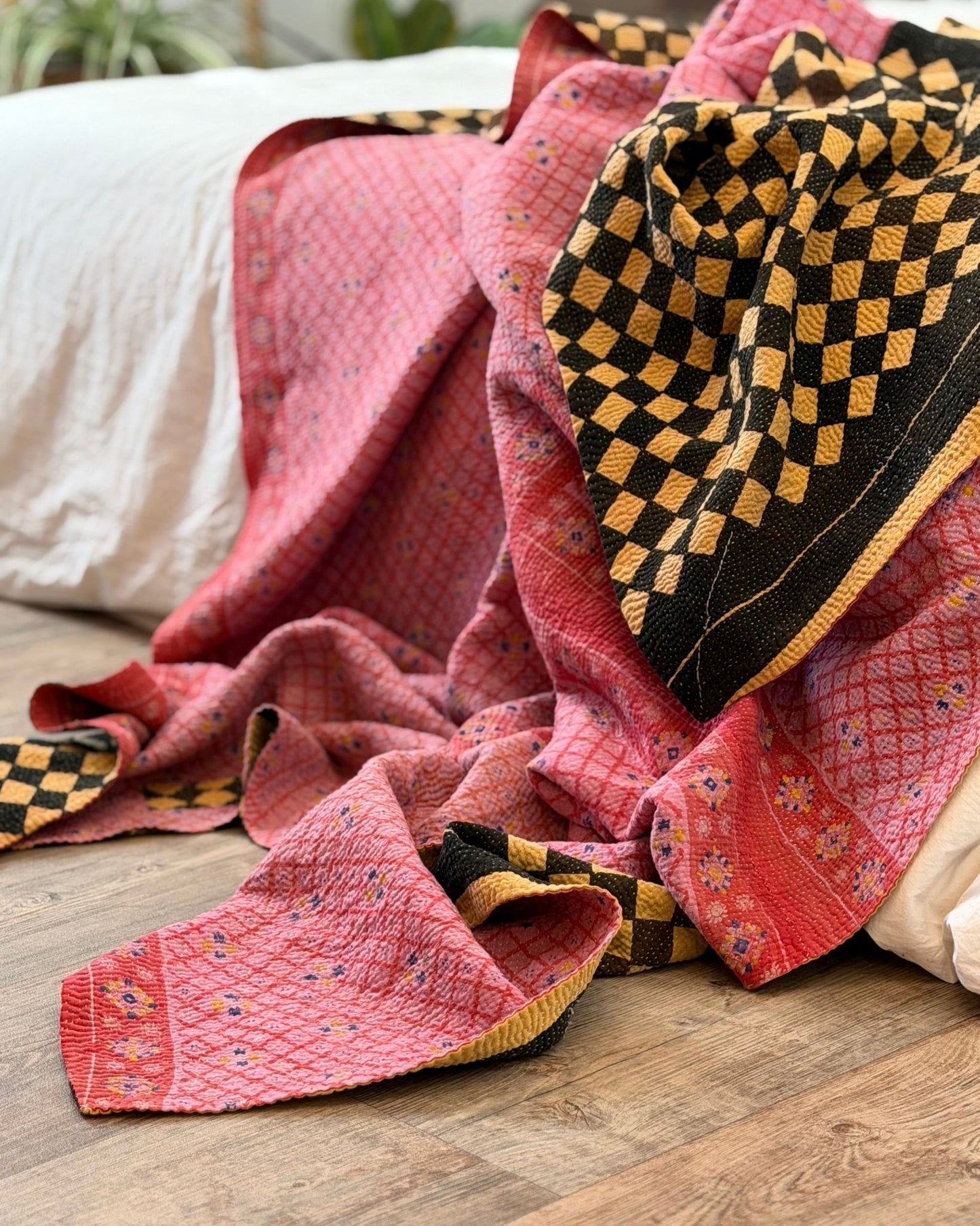 Large Fine Stitched Vintage Kantha Quilt in Chequered Yellow and Black and Pink - Biggs & Hill