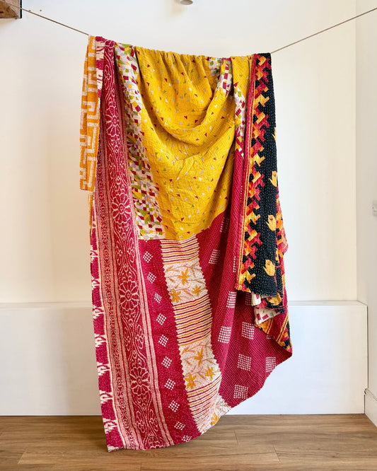 Super King Vintage Kantha Quilt in Orange, Black and Yellow - Biggs & Hill