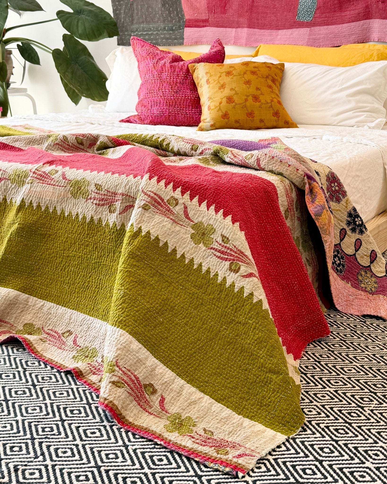 Large Fine Stitched Vintage Kantha Quilt in Pink, Green and Purple Florals - Biggs & Hill
