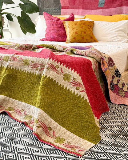 Large Fine Stitched Vintage Kantha Quilt in Pink, Green and Purple Florals - Biggs & Hill
