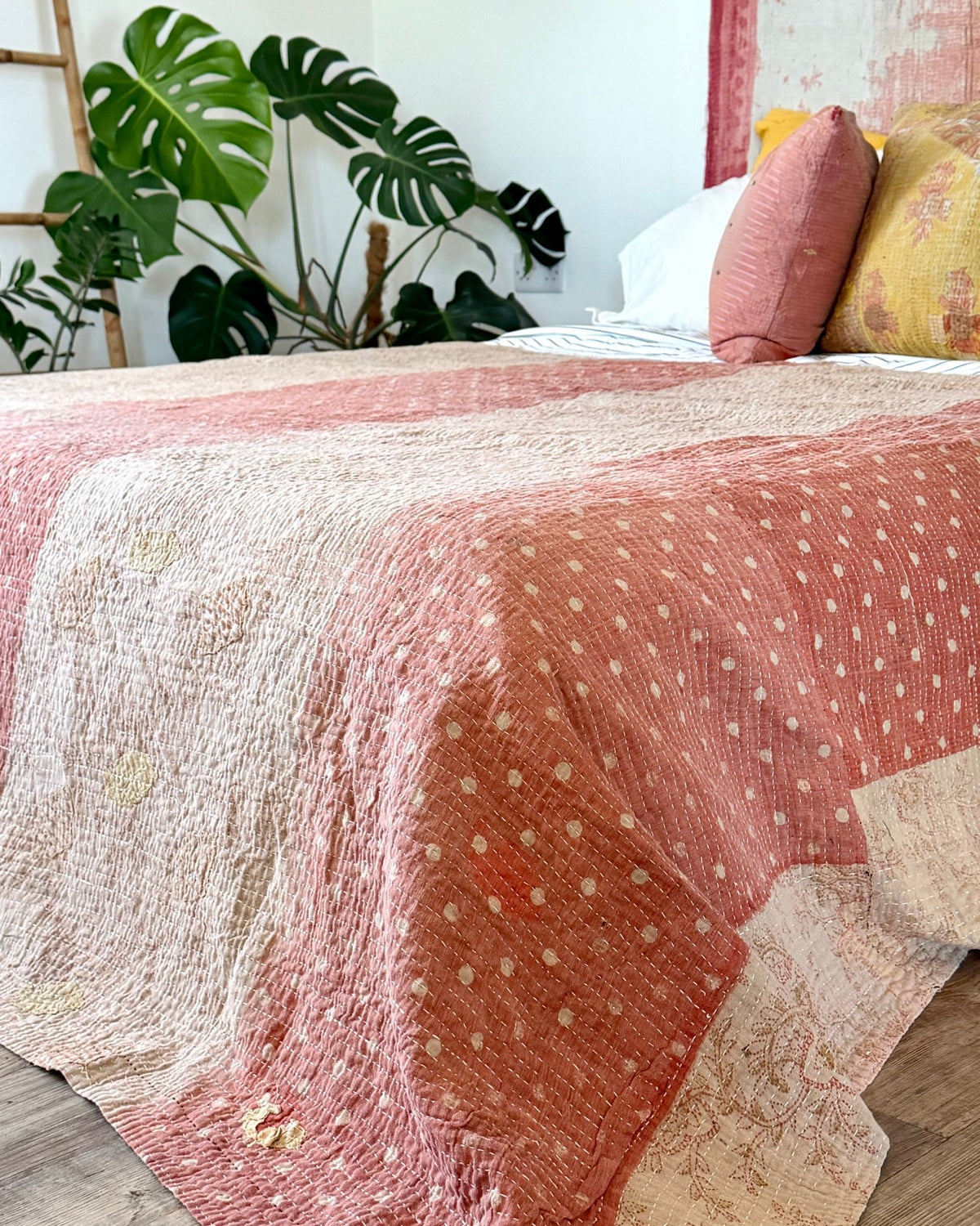 Large Fine Stitched Vintage Kantha Quilt in Soft Green and Brown - FIRST picture - Biggs & Hill