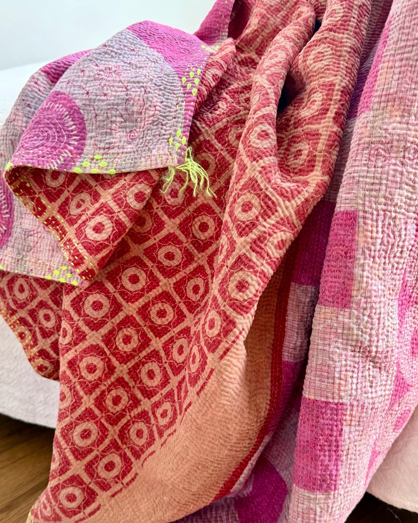 Large Fine Stitched Vintage Kantha Quilt With Pink Squares - Biggs & Hill