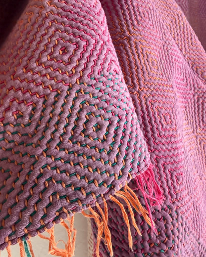 Large Heavy Kantha Blanket Quilt With Lik Phul Stitching In Pink and Orange - Biggs & Hill