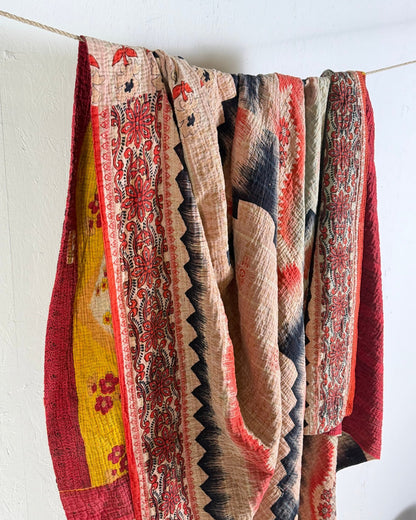 Extra Large Fine Stitched Vintage Kantha Quilt in Geometric Red and Yellow - Biggs & Hill