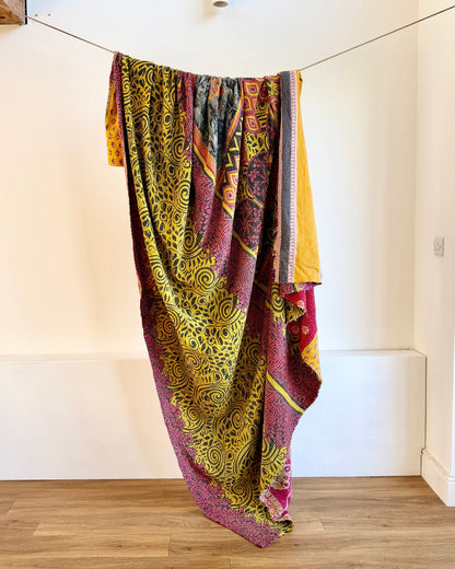 Super King Vintage Kantha Quilt in Green, Purple, Yellow and Red - Biggs & Hill