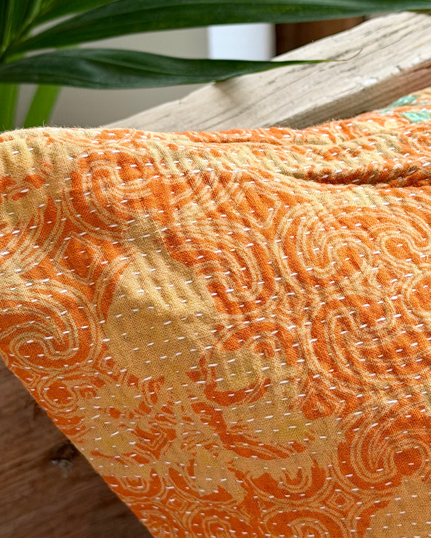 Vintage Kantha Cushion In Floral Orange- 45cm Square