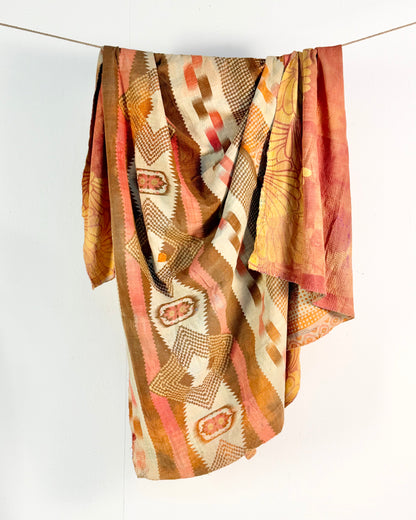 Large Fine Stitched Vintage Kantha Quilt in Peachy Pink Geometrics