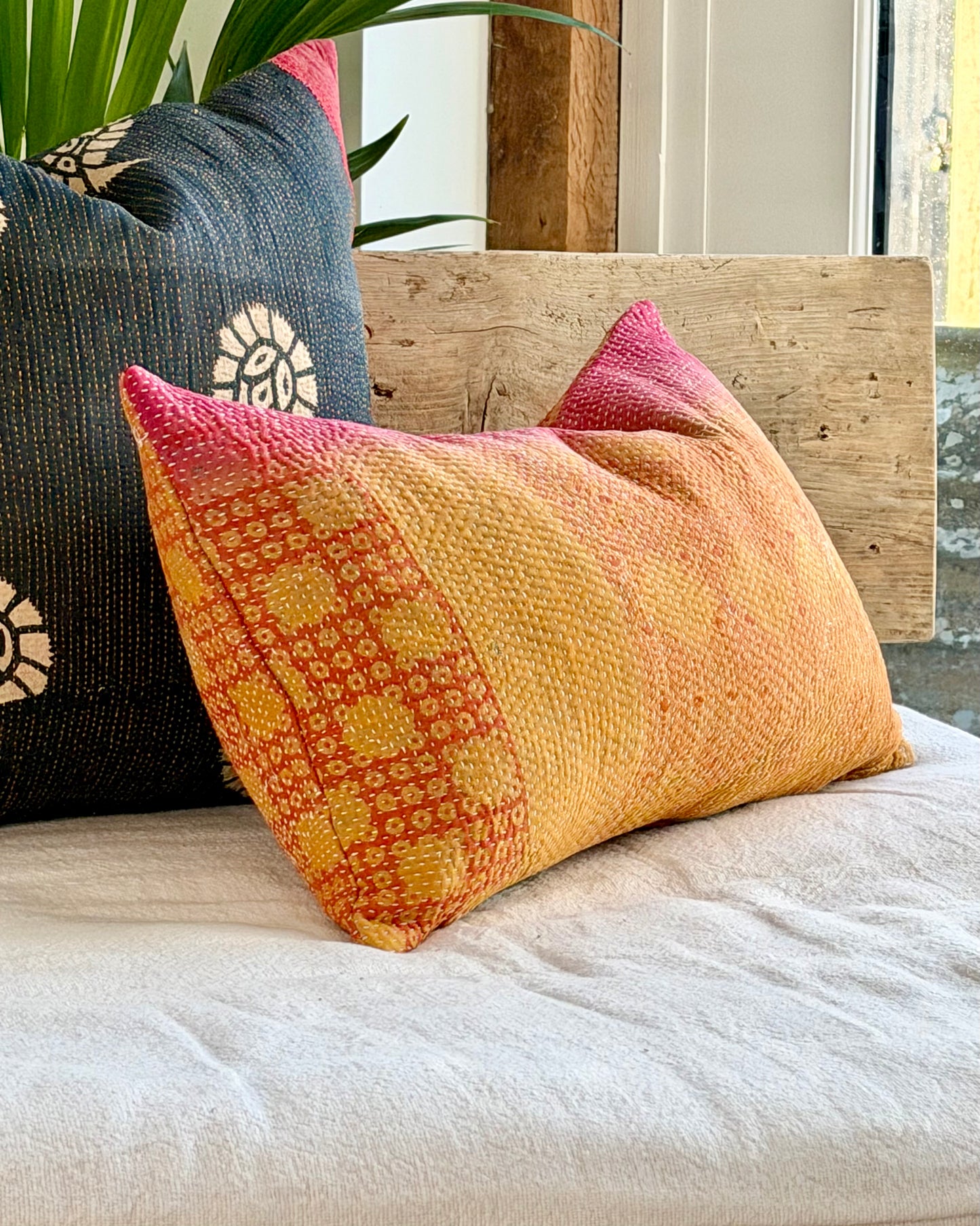 Vintage Kantha Cushion In Pink and Yellow - Small Rectangular