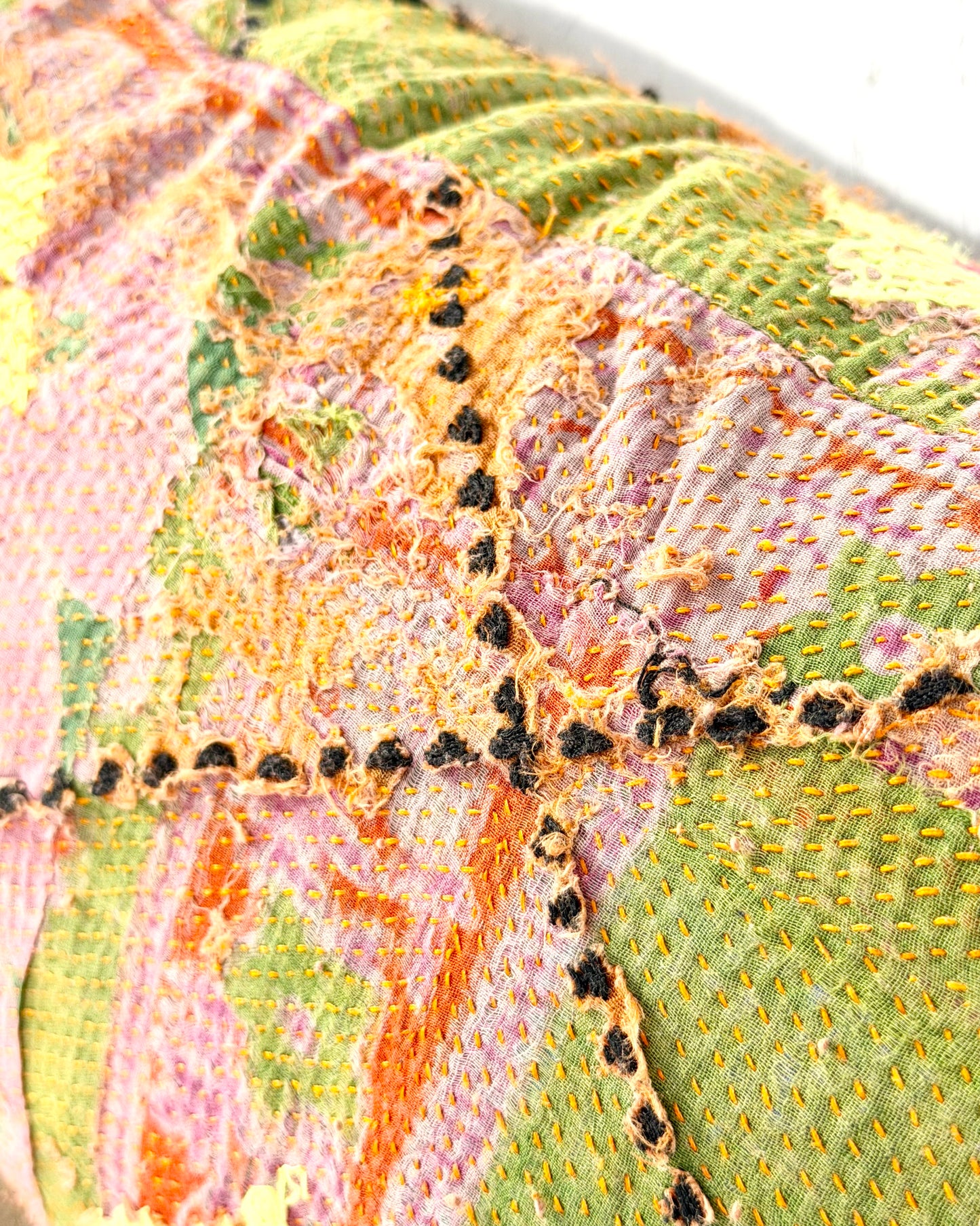 Vintage Kantha Bolster Cushion Cover In Textured Green and Orange 80cm