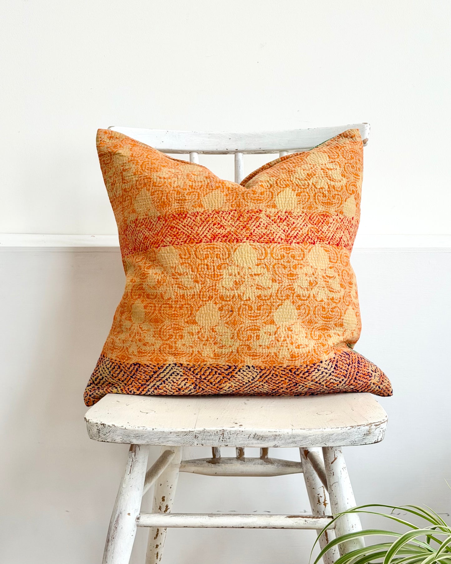 Vintage Kantha Cushion In Floral Orange- 45cm Square