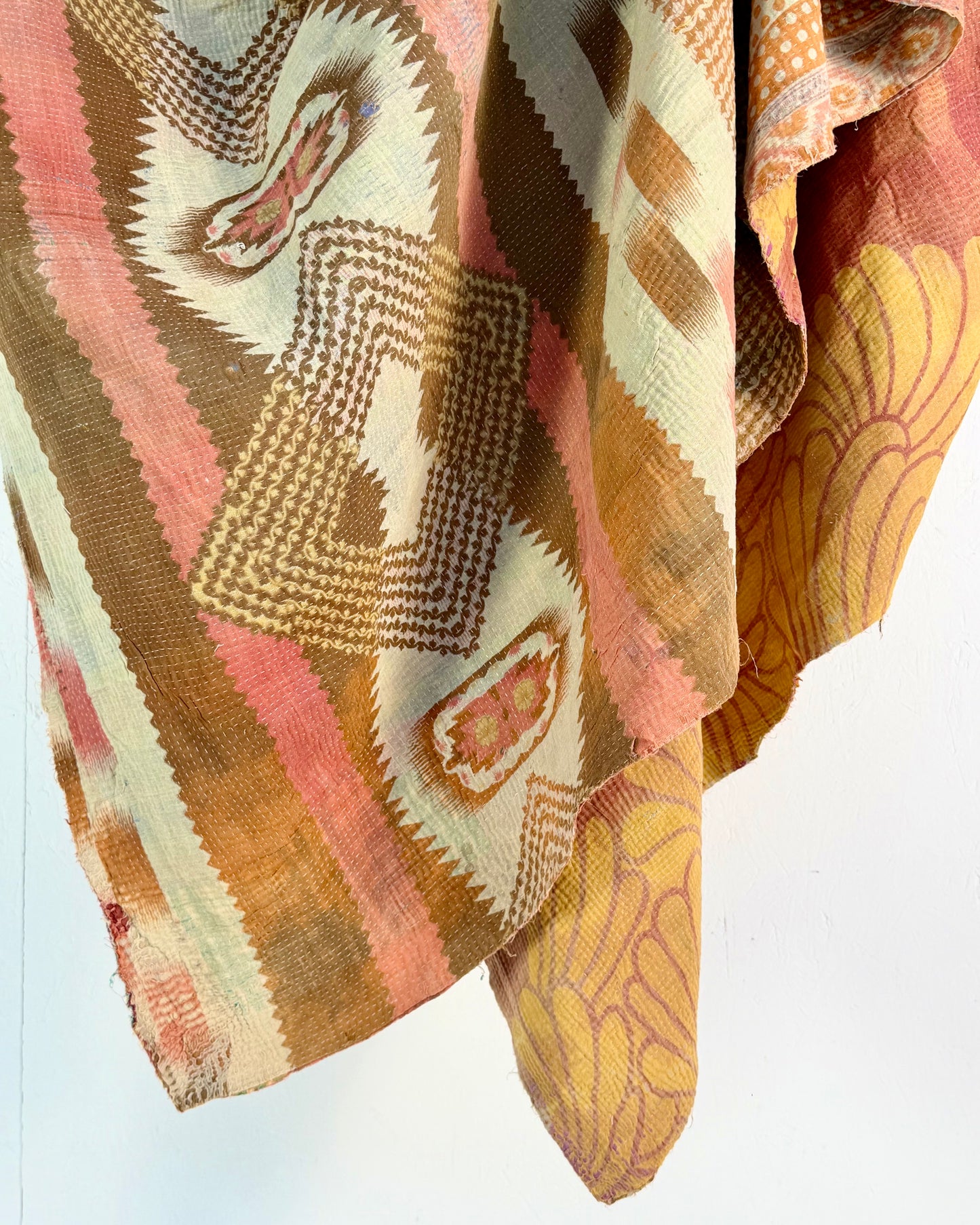 Large Fine Stitched Vintage Kantha Quilt in Peachy Pink Geometrics