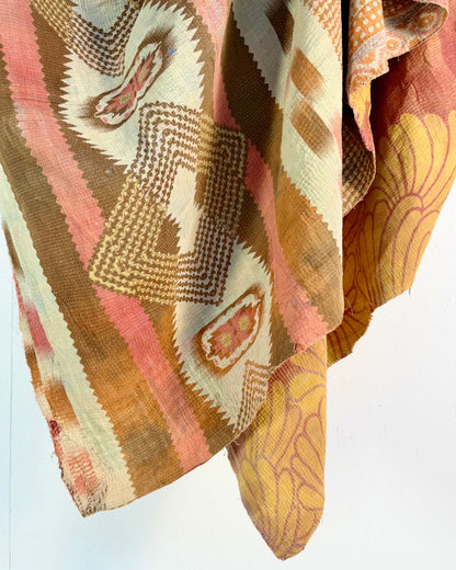 Large Fine Stitched Vintage Kantha Quilt in Peachy Pink Geometrics