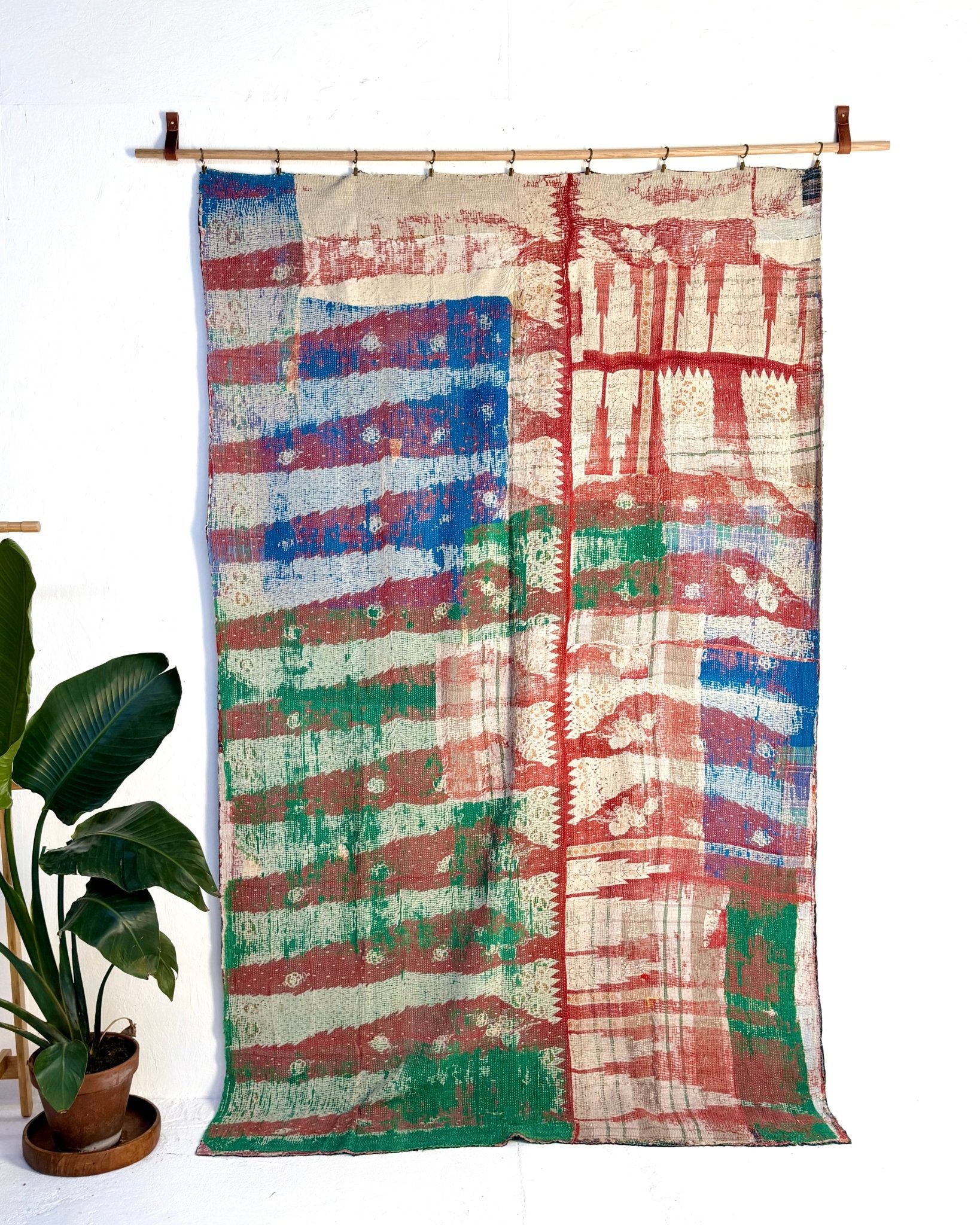 Extra Large Textured Vintage Kantha Quilt In Blue, Red and Green - Biggs & Hill