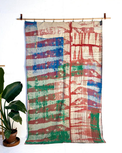 Extra Large Textured Vintage Kantha Quilt In Blue, Red and Green - Biggs & Hill