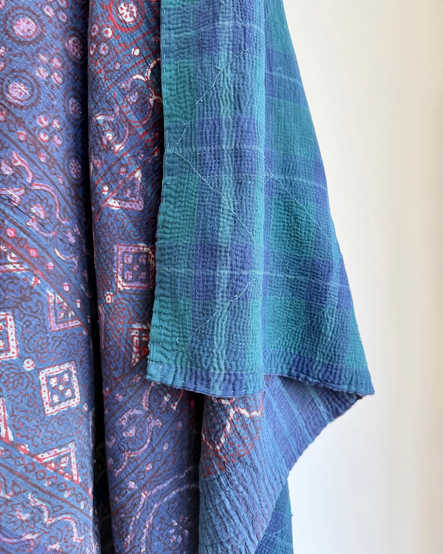Ajrak Printed Vintage Kantha Quilt In Deep Blue - Biggs & Hill
