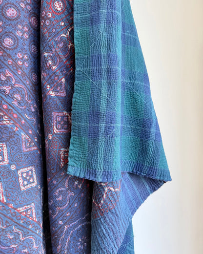Ajrak Printed Vintage Kantha Quilt In Deep Blue - Biggs & Hill