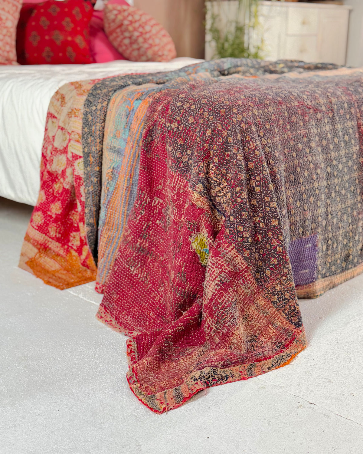 Large Textured Vintage Kantha Quilt in Red and Blue