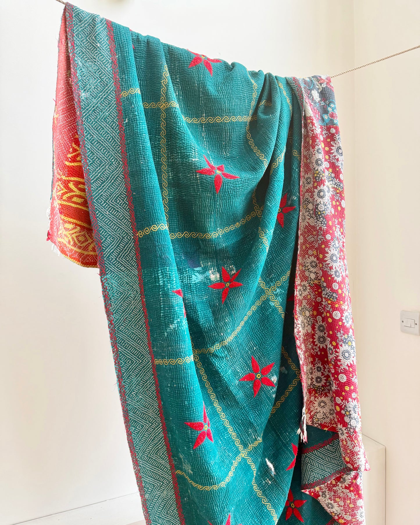 Large Fine Stitched Vintage Kantha Quilt In Emerald Green With Holbein Stitch Border