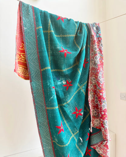 Large Fine Stitched Vintage Kantha Quilt In Emerald Green With Holbein Stitch Border