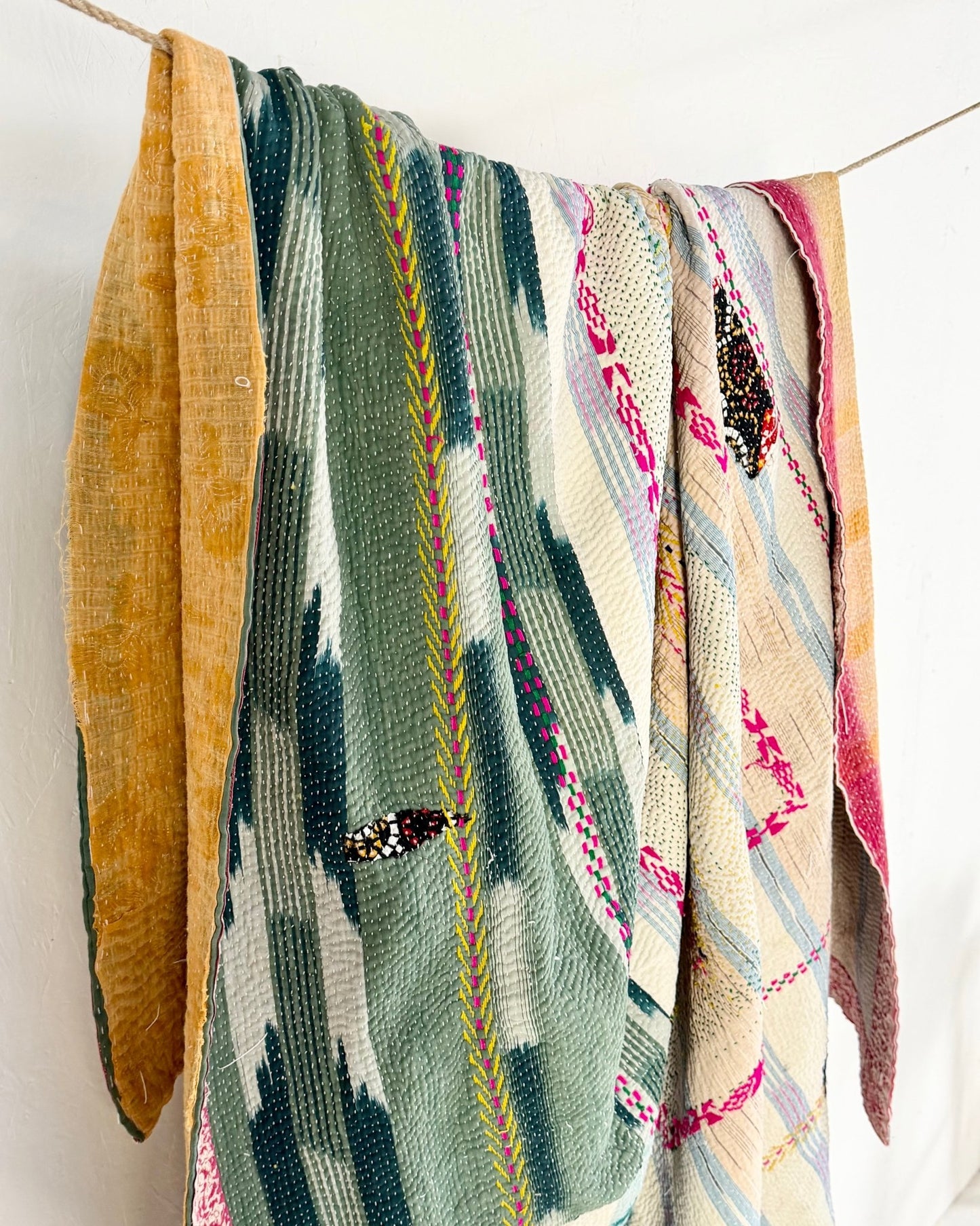 Heavy Fine Stitched Embroidered Vintage Kantha Quilt in Yellow, Pink and Blue - Biggs & Hill