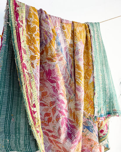 Textured Vintage Kantha Quilt In Pink and Yellow